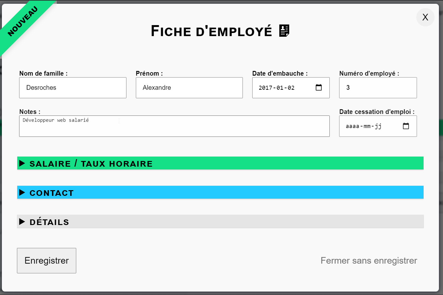 Création d'une fiche d'employé